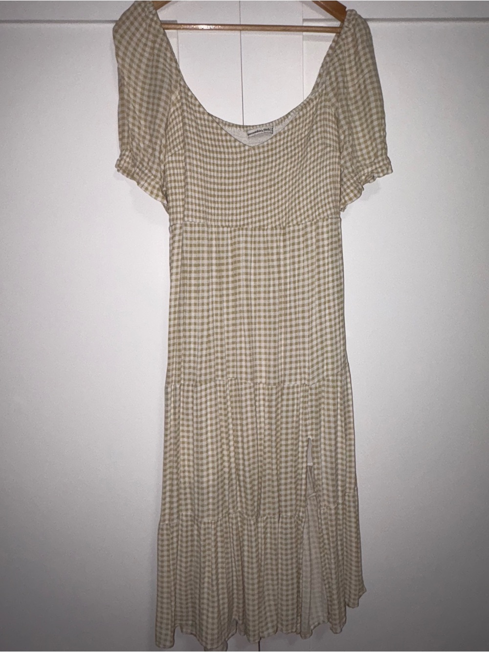 Abercrombie & Fitch Beige Gingham Tiered Short Sleeve Midi Dress